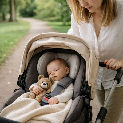 Maman promenant son bebe doudou bebe endormi