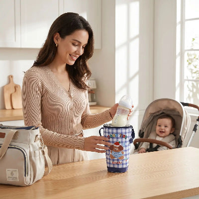 Maman se prepare pour sortir avec porte biberon