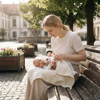 Maman sur place publique avec bebe et doudou