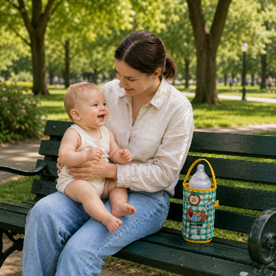 Maman sur un banc avec porte biberon isotherme bebe