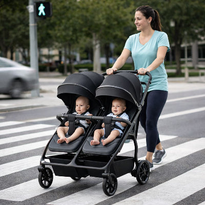 Maman traverse la rue poussant une poussette jumeaux