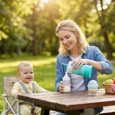 Maman utilise boite doseuse lait au parc