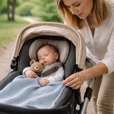 Mere attentionnee dans le parc vert avec doudou bebe