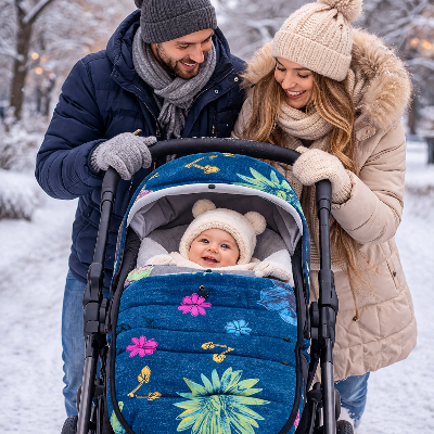 Moment familial hivernal sous la neige chanceliere poussette joie