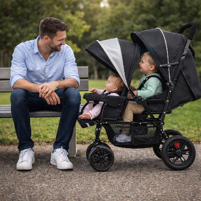 Papa assis avec ses enfants dans la poussette double