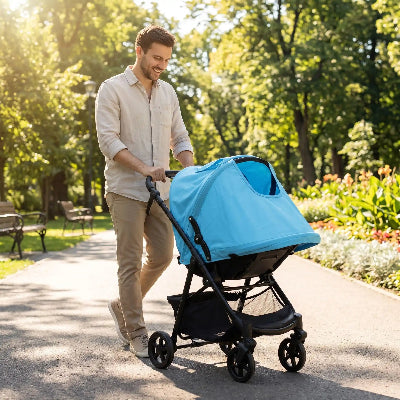 Papa bebe heureux d avoir pare soleil poussette