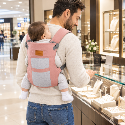 Papa centre commercial bébé dans porte bébé dorsal ergonomique