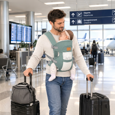 Papa porte bébé dans porte bébé physiologique naissance a l aéroport