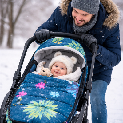 Pere et bebe dans la neige chanceliere poussette joie