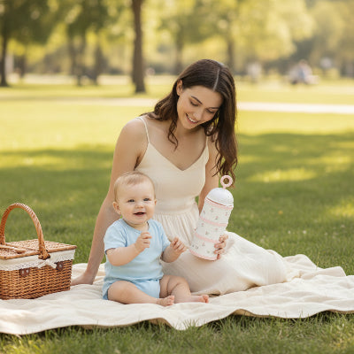 Picnic entre bebe maman accompagner boite doseuse de lait