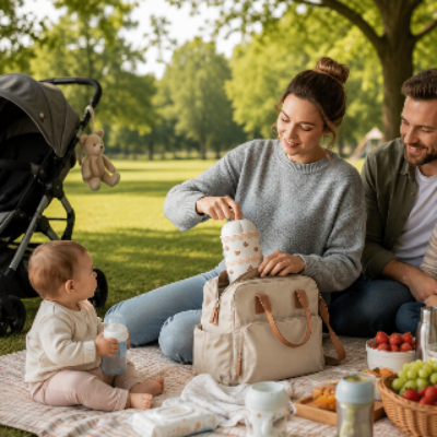 Pique nique en famille au parc avec doseuse lait