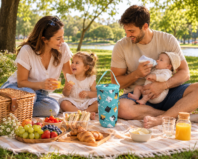 Pique nique familial au parc avec porte biberon isotherme
