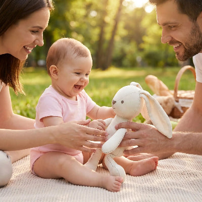 Pique nique familiale bebe accompagner de doudou lapin