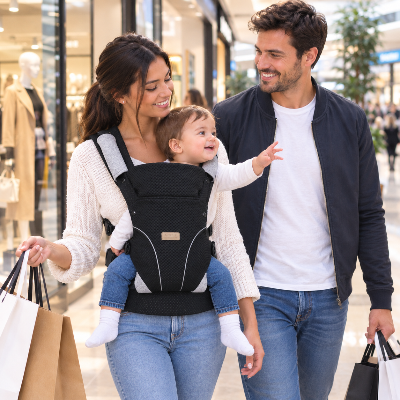 Porte bébé ergonomique Bonheur en famille au centre commercial