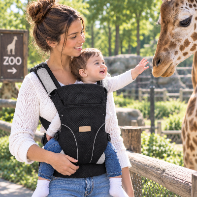 Porte bébé ergonomique Moment tendre au zoo avec girafe