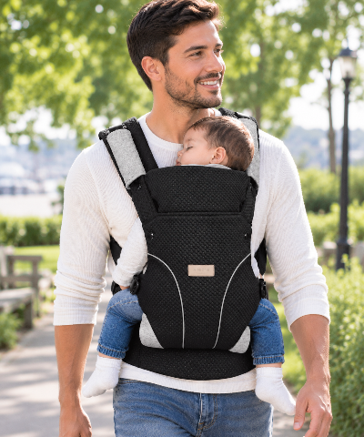 Porte bébé ergonomique au parc avec bebe endormi