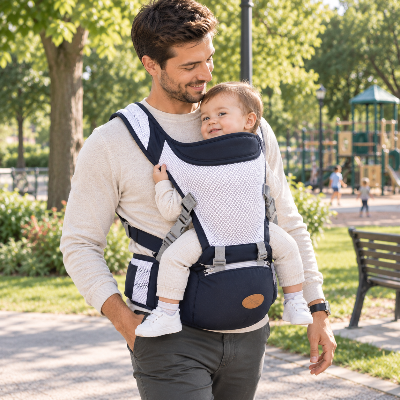 Porte bébé ventral siège ergonomique bébé heureux au parc
