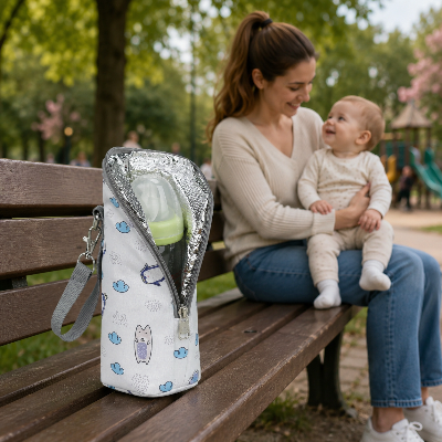 Porte biberon pour bebe sur un banc au parc