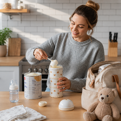 Preparation doseuse lait pour bebe dans une cuisine chaleureuse