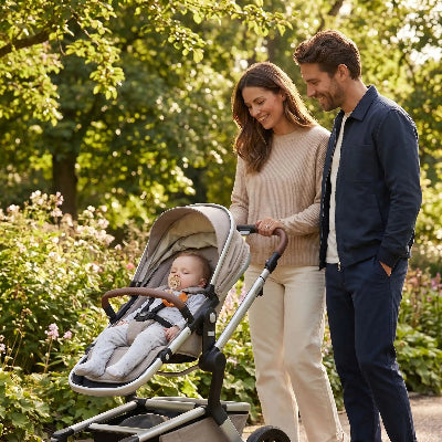 Promenade avec bebe dans la poussette avec attache tetine
