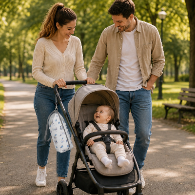 Promenade en famille avec porte biberon pour bebe