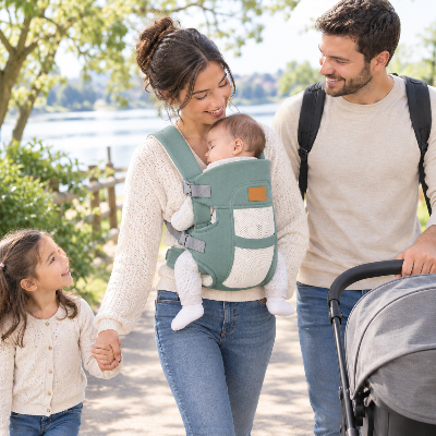 Promenade familiale avec porte bébé physiologique naissance