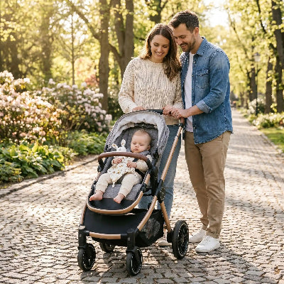 Promenade-familiale-en-compagnie de doudou bebe en mousseline
