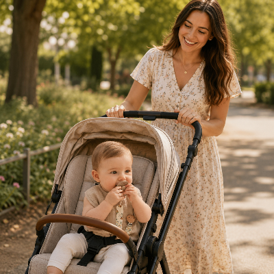 Promenade parc avec bebe tenant attache tetine en bois