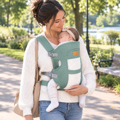 Tendresse maman bébé au parc avec porte bébé physiologique naissance