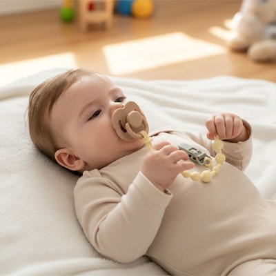 Attache tetine bébé sur son tapis de jeu