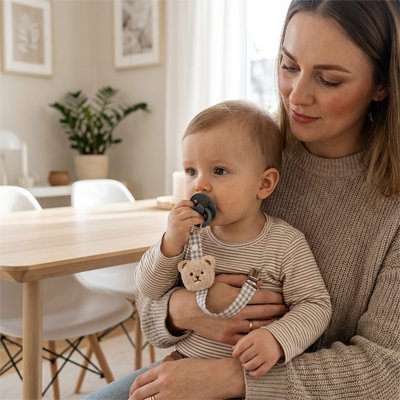 Bebe assis avec maman ayant un Attache tetine doudou