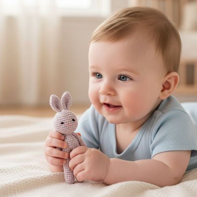Bébé caline son Doudou lapin 