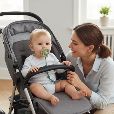 Bébé dans la pussette avec Attache 
 tetine 