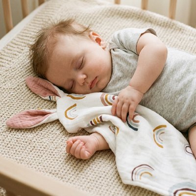 Bébé dort avec Doudou arc en ciel