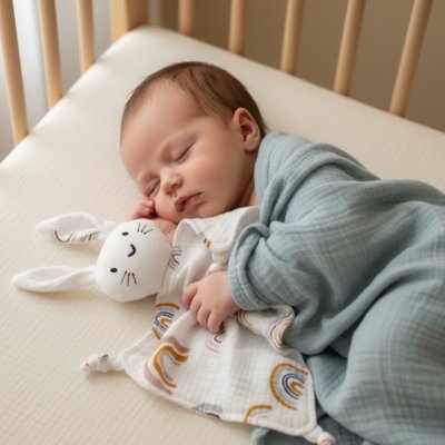 Bébé dort paisiblement avec Doudou lapin