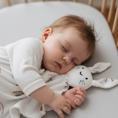 Bébé dort sereinement avec Doudou lapin 