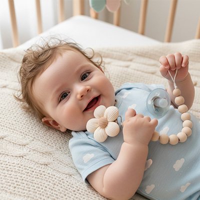 Bébé joyeux avec Attache tetine en silicone