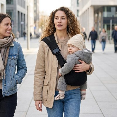 Bebe porte en echarpe en promenade