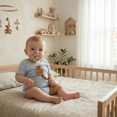 bebe s assoie sur son lit ayant attache tetine