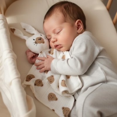 Bébé sert son Doudou lapin dans ses bras