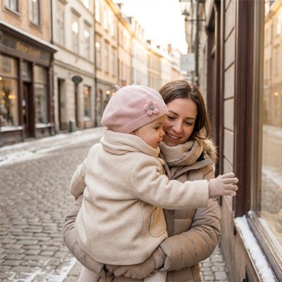 Bonnet bebe fille accompagne par maman