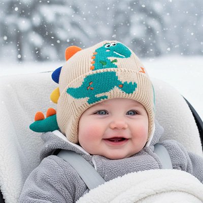 Bonnet bebe garçon en voiture pendant la neige