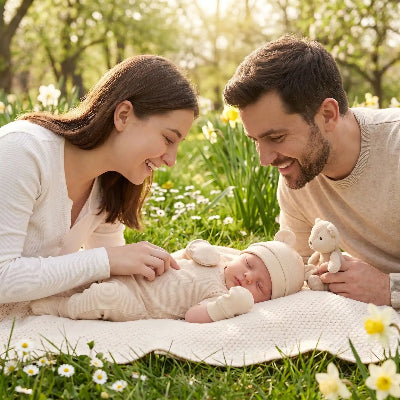 bonnet bebe naissance famille heureuse au printemps