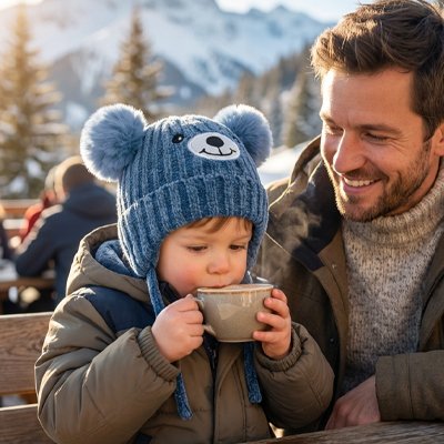 Bonnet bebe prend une boisson chaude accompagne papa