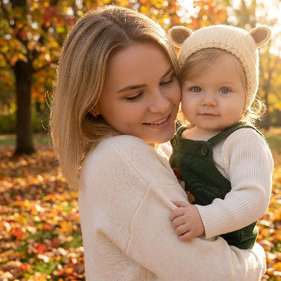bonnet naissance bebe maman au parc en automne