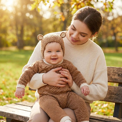 bonnet naissance bebe sur un banc au parc