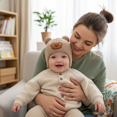 Bonnet pour bebe avec maman dans une salle