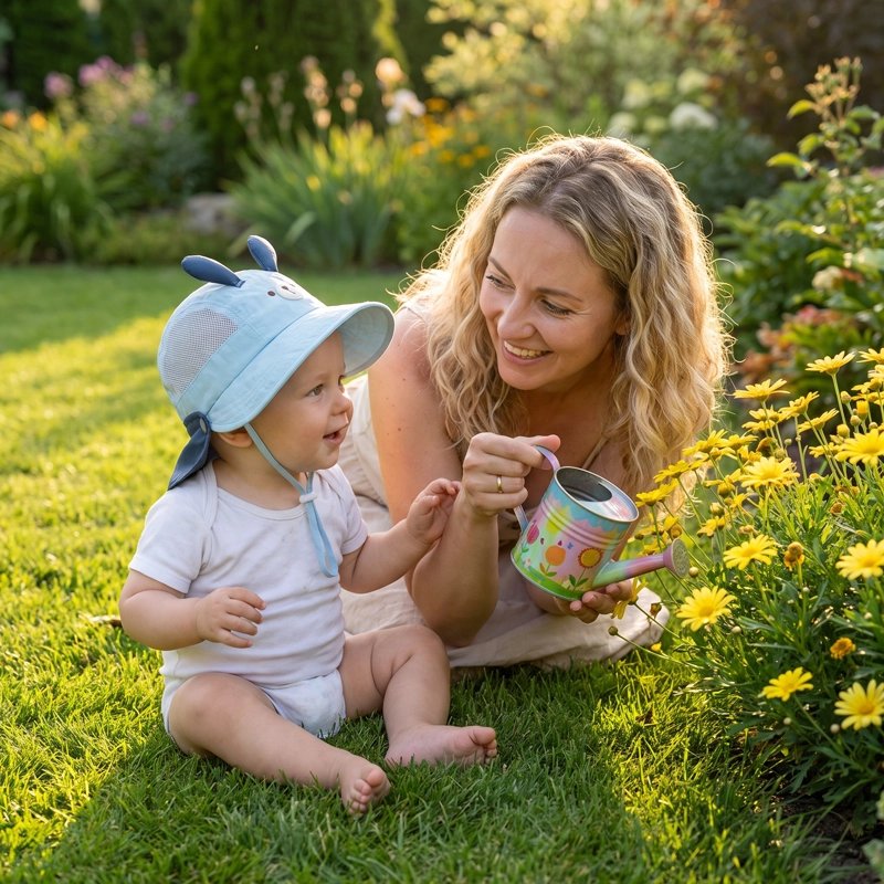 Chapeau bebe anti uv au jardin