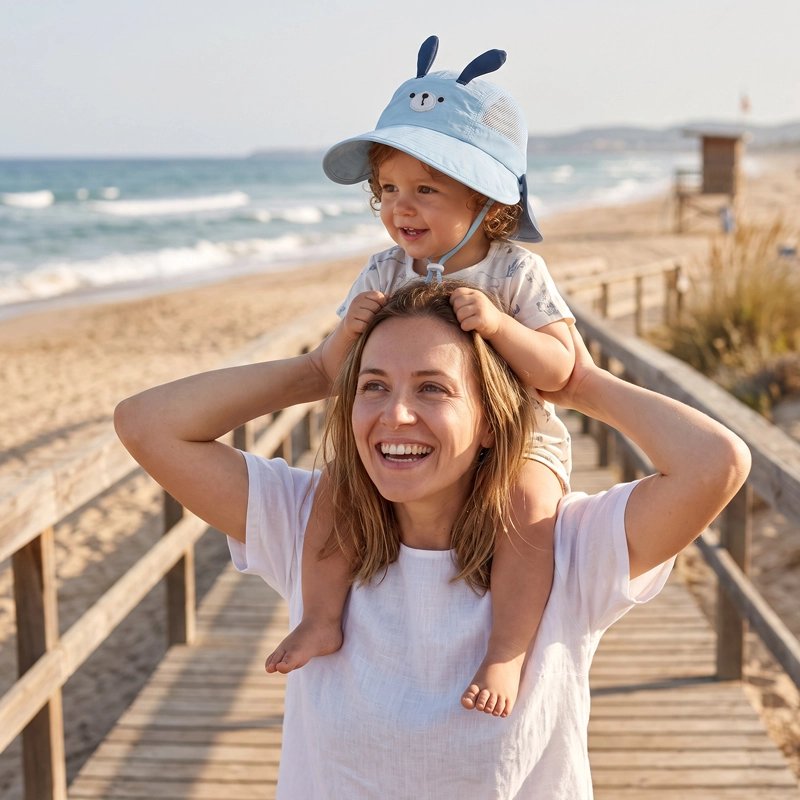 Chapeau bebe anti uv protège sur un pont