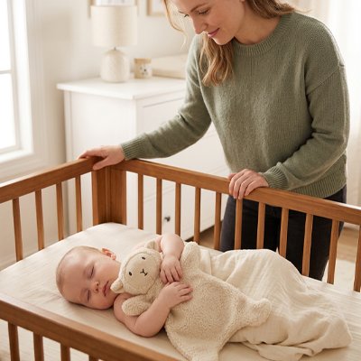 Doudou bebe tient sa peluche en dormant